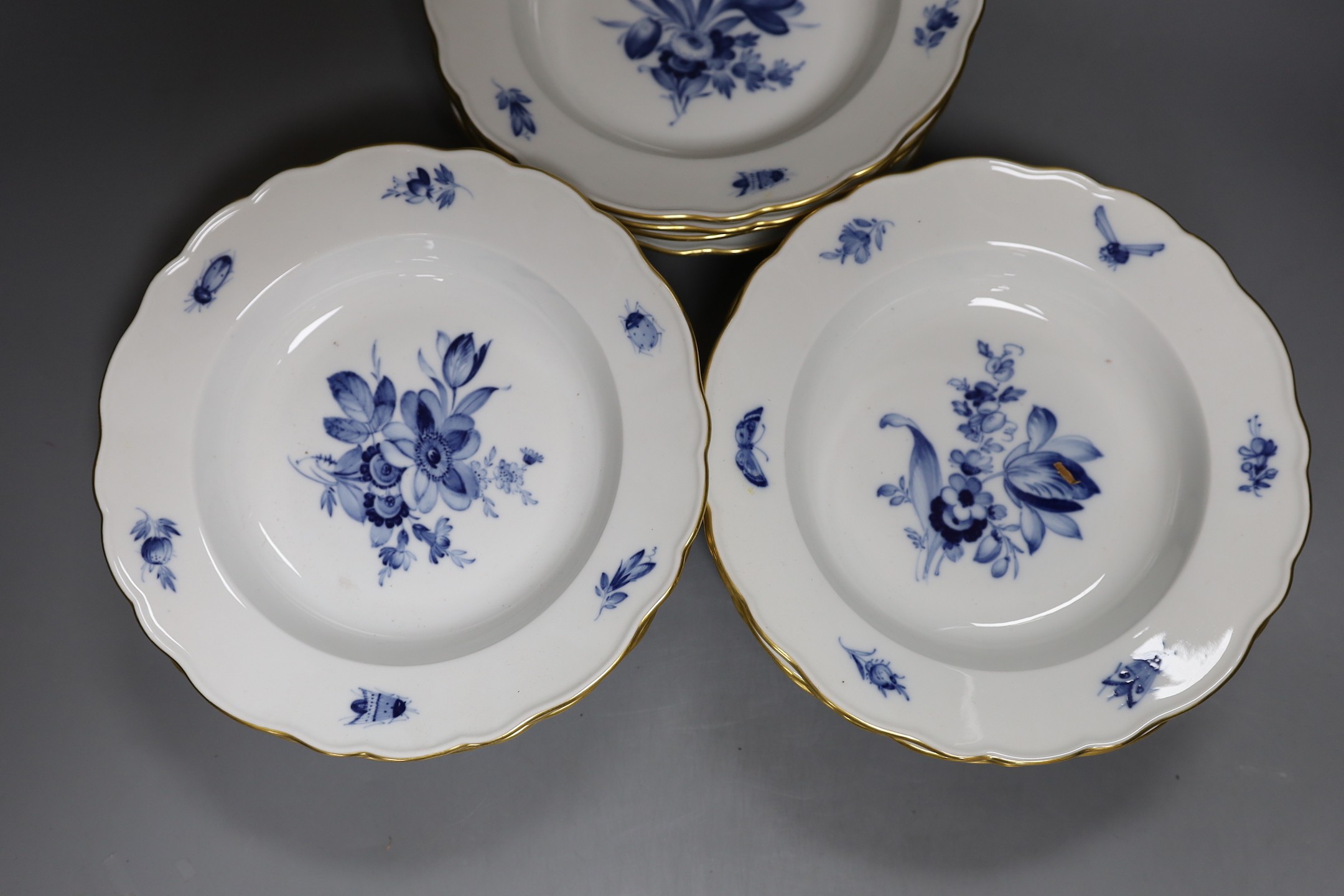 A set of twelve floral blue and white Meissen porcelain plates, early 20th century, 24cms diameter.